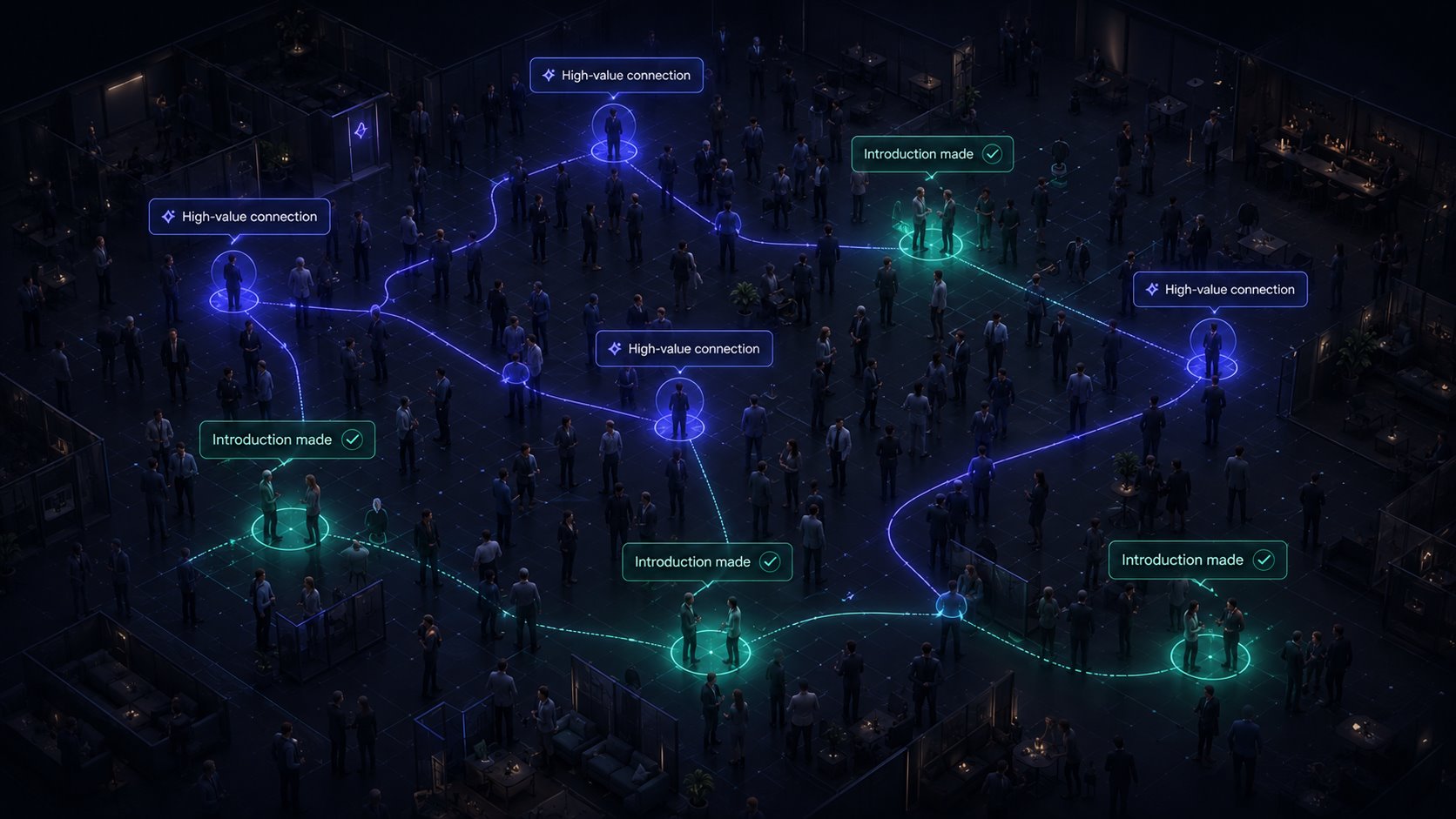 A room of people with glowing connections drawn between them, some marked as introductions made.